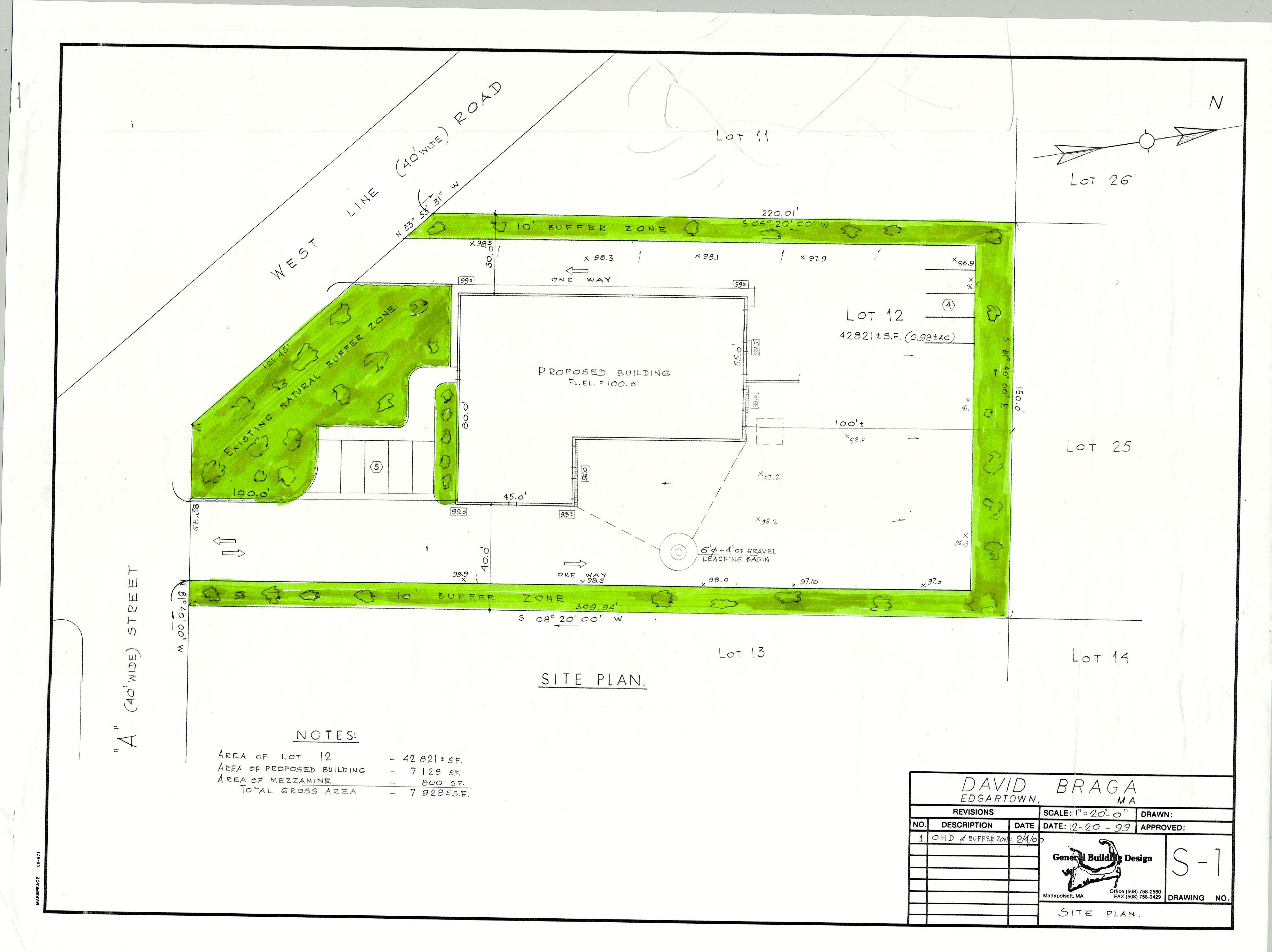 Site plan — Lot 12 (42,621 SF), showing building footprint, buffer zones, and A Street frontage