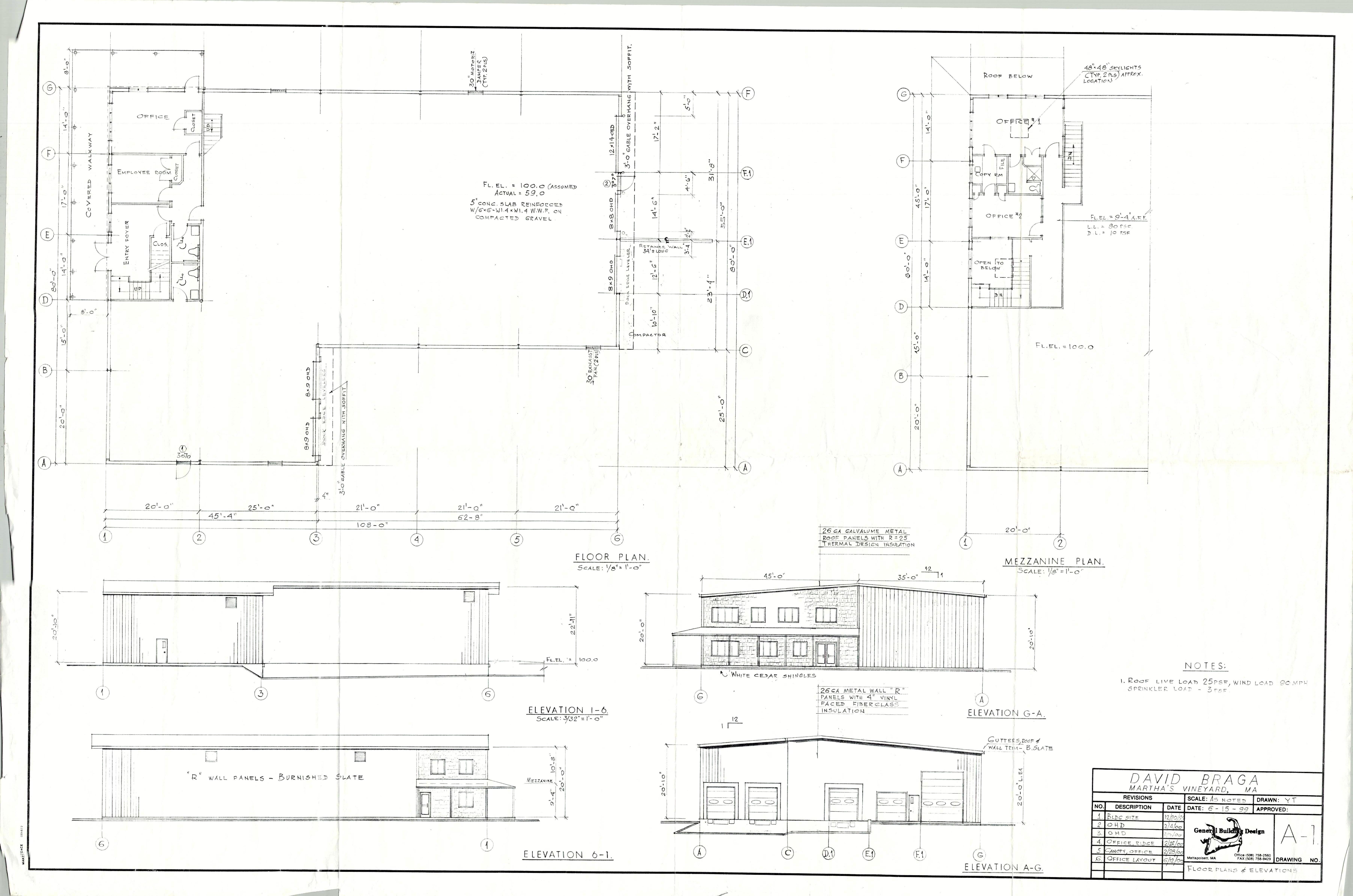 Floor plan, building elevations, and mezzanine layout — original design